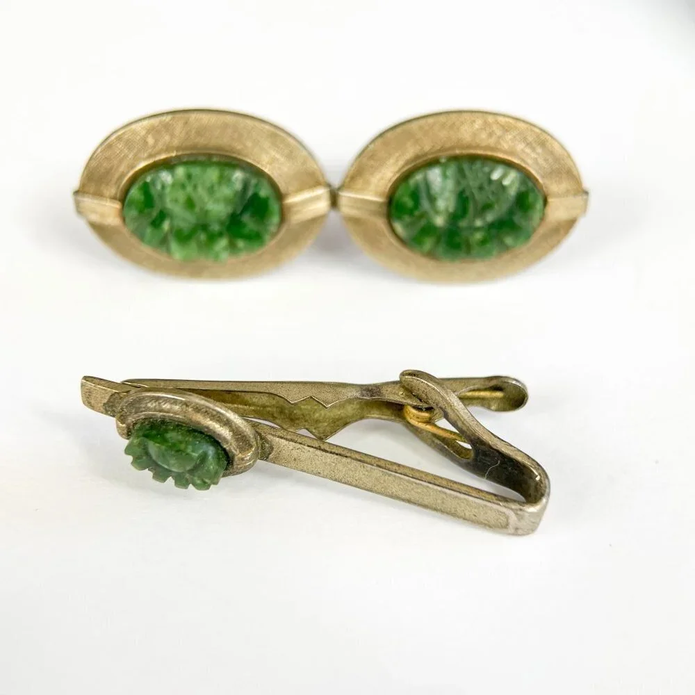 Vintage Cufflinks and Tie Clip Set Carved Stone Sterling Silver